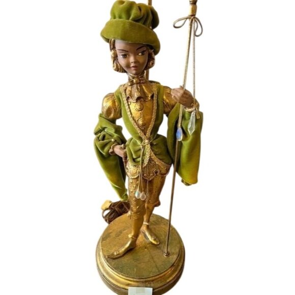 Vtg 40" MCM Italian Pixie Elf Statue Table Floor Lamp Torchiere Green Gold Leaf - Picture 5 of 16